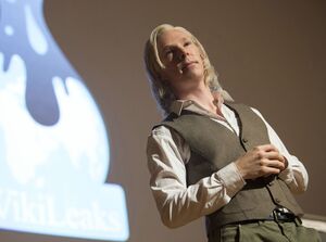 Benedict Cumberbatch as Julian Assange on the Wikileaks stag