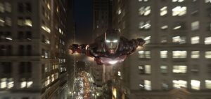 Iron Man flies through the city in The Avengers