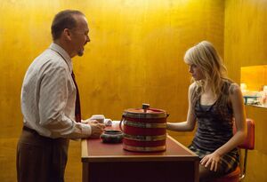 Michael Keaton and Emma Stone in stark yellow on the set of 