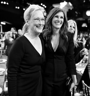 Meryl Streep and Julia Roberts in black-and-white at the 201
