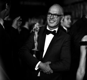 Michael Keaton in black-and-white, happy with his SAG Award