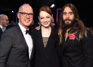 Michael Keaton, Emma Stone and Jared Leto pose at 2015 SAG A