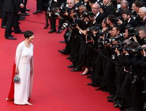 Isabella Rossellini greets the photographers on the red carp