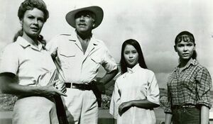 Yvonne Craig (right) with cast members on the set of Seven W