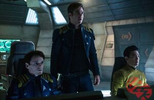 Anton Yelchin, Chris Pine and John Cho in Star Trek Beyond