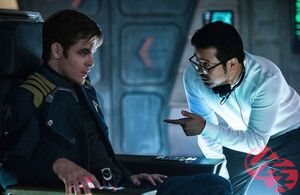 Chris Pine with director Justin Lin in Star Trek Beyond