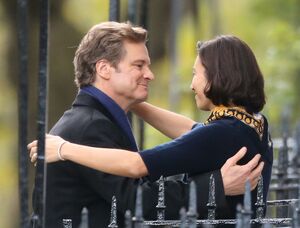 Colin Firth on the set of Bridget Jones's Baby