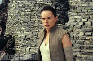 Daisy Ridley as Rey at the ruins of the first Jedi temple.