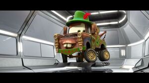 Disguise program initiated. Mater wearing Materhosen, Cars 2