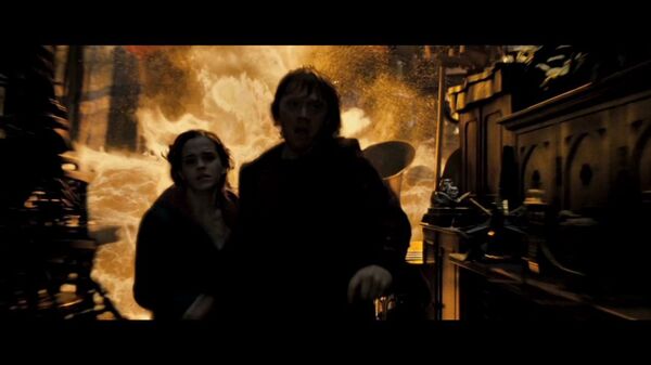 Harry, Hermione and Ron run from the fire in the Room of Requirement ...